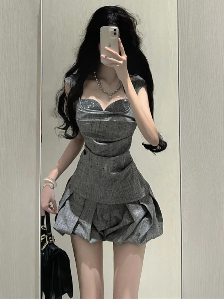 Grey Vintage Elegant 2 Piece Sets Women Patchwork Y2k Sexy High Street Mini Skirt Suits Female Summer Casual Tops+ Chic Skirt