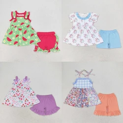 Wholesale Toddler Kids Floral Watermelon Tunic Tops Shorts Children Infant Summer Outfit Baby Girl Flower Two Pieces Sets