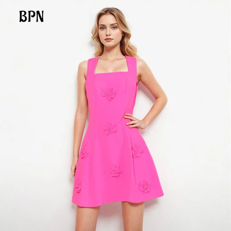 

BPN Y2k Camisole Dresses For Women Square Collar Sleeveless High Wiast Slimming Mini Appliques Dress Female Fashion Clothing New