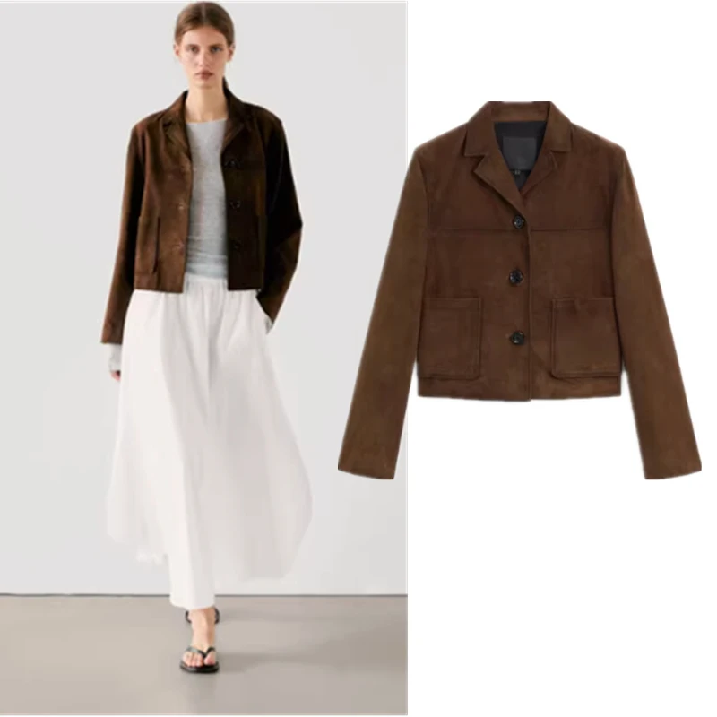 Faionable Brown Velvet Leather Jaet ort Outerwear for Women Autumn 2024 Polyester Fiber 00% Traditional Wealth Sle