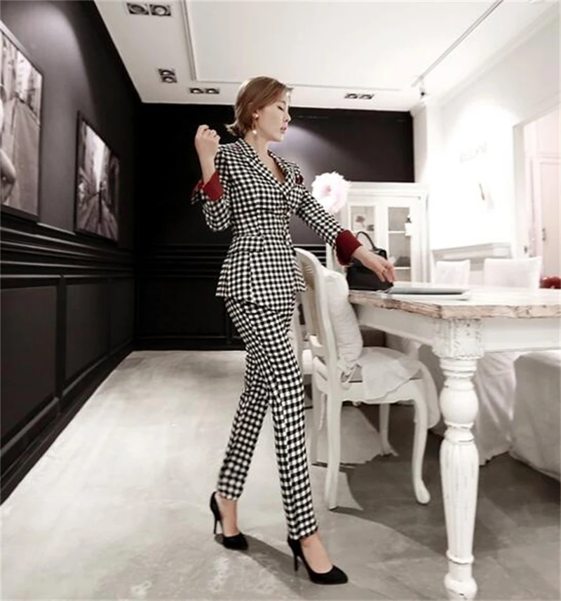 Women Slim Fit Plaid Blazer Suit Set Casual Office Lady Single Button Elegant Blaiser Mujer 2022 New Houndstooth Blazerpants