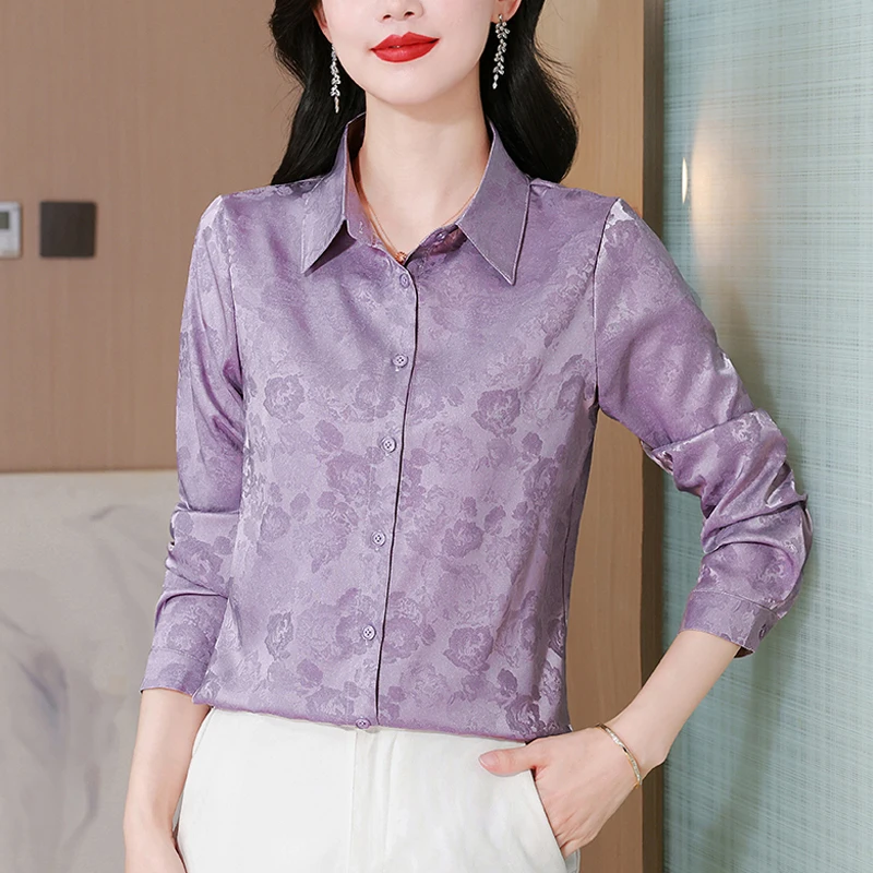

Elegant Office Lady Silk Blouses Summer Long Sleeve Button Up Shirt Women Elegant Autumn Tops Casual Female Satin Blouse