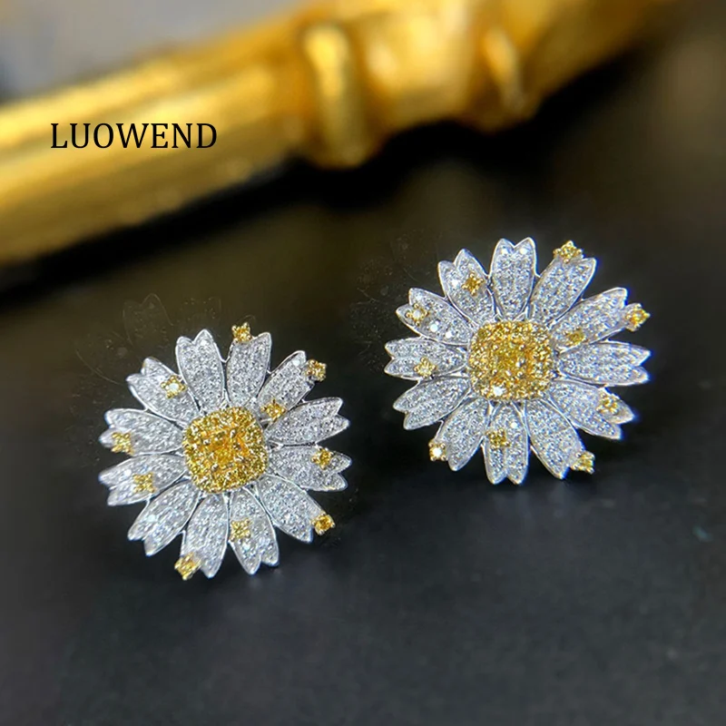 LUOWEND 100% 18K White Gold Earrings Romantic Flower Shape Real Natural Yellow Diamond Stud Earrings for Women Fine Jewelry