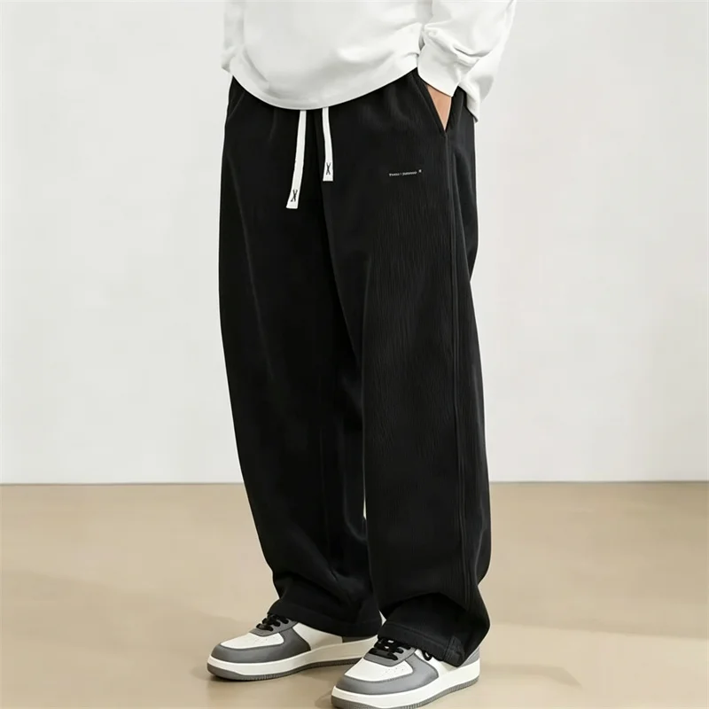 spring autumn Men Casual Drawstring Loose Wide Leg Pants Fashion thin solid-color Corduroy trousers training comfort men Pants