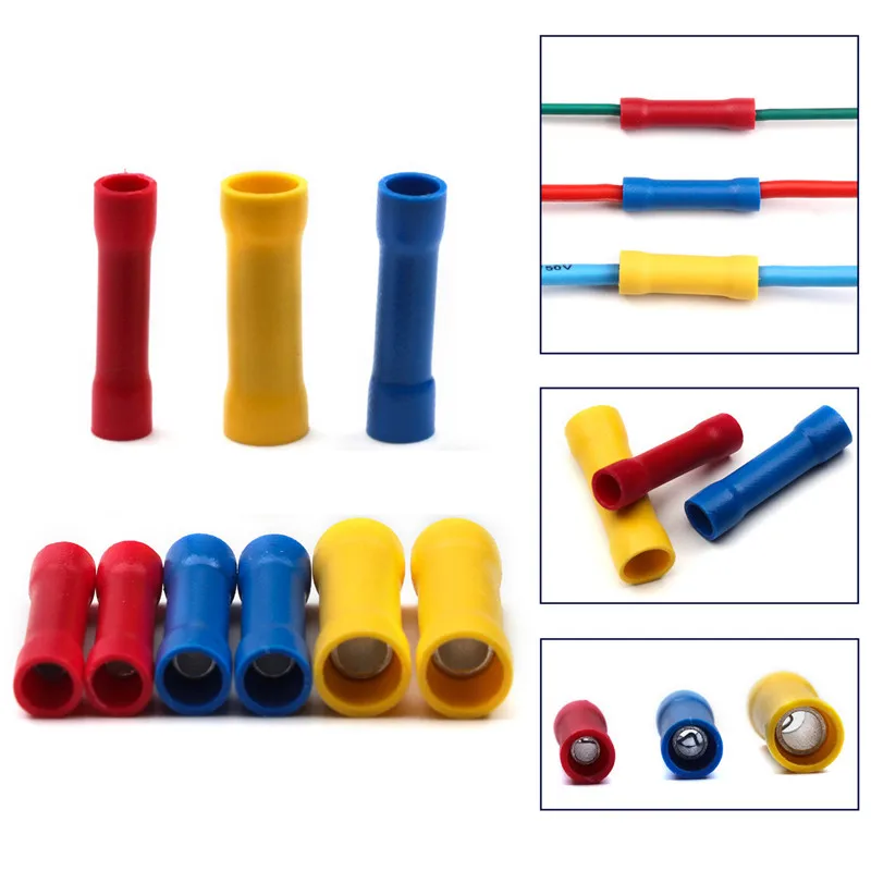 10/50/100 Pcs Straight Butt Wire Terminals Splice Insulated Crimp PVC Copper Tube Electrical Cable Connectors BV1.25 BV2.5 BV5.5