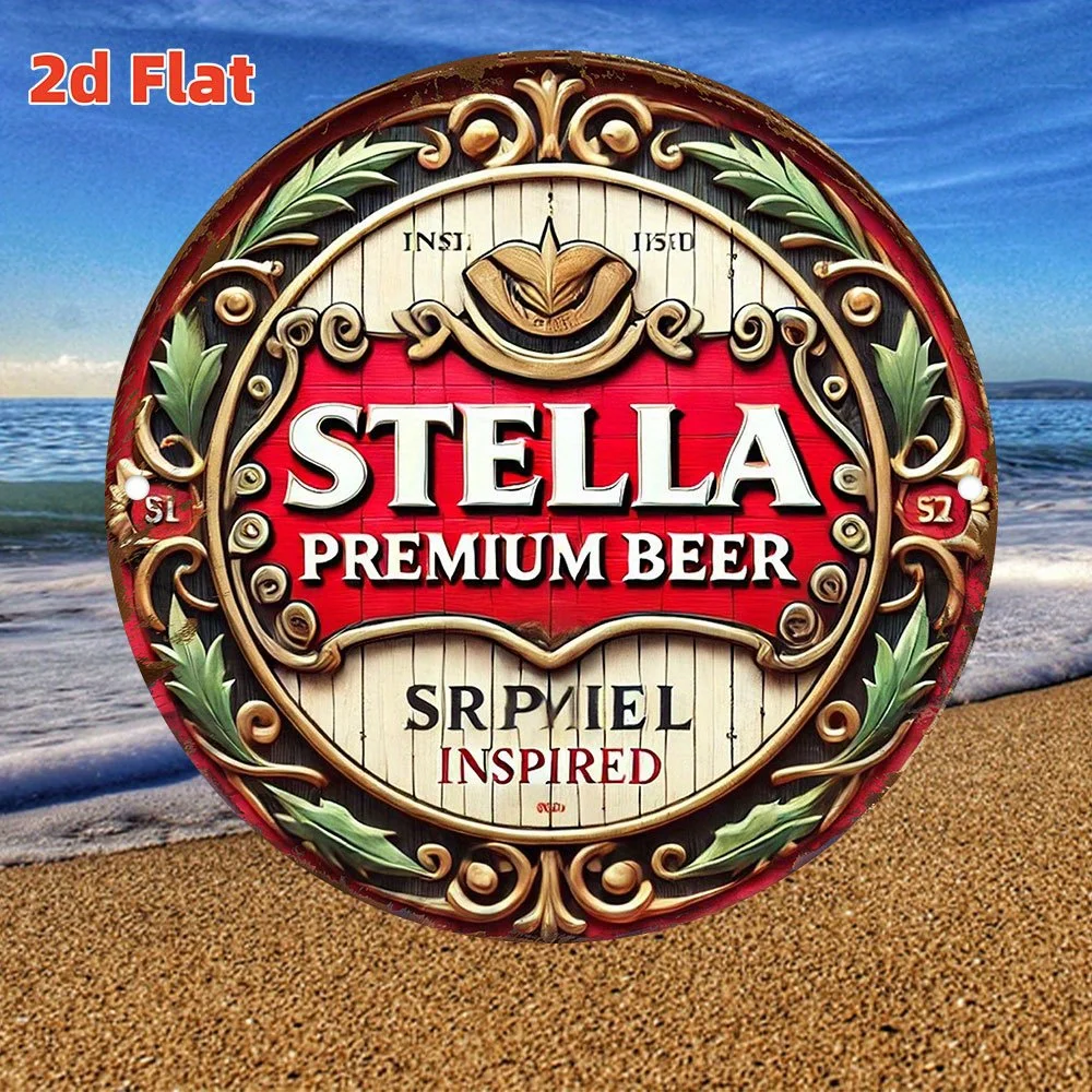 Plano 2D - 1 cartel de cerveza Stella Premium - Póster redondo de aluminio de estilo industrial vintage, resistente al agua y a la intemperie, perfecto