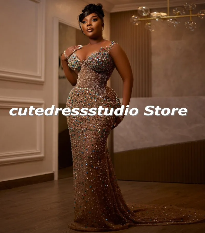 Luxury Crystal Evening Dresses For Women Beading Scoop Mermaid Prom Gowns Long Sleeves Aso Ebi Wedding Reception Party Dress