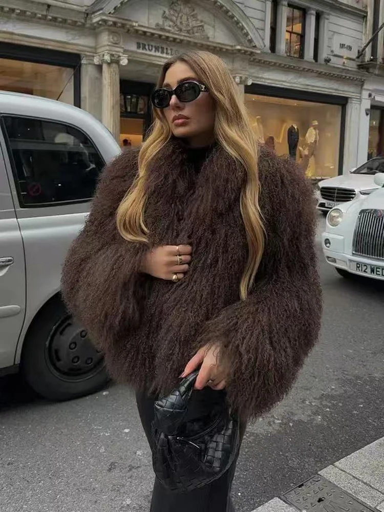 Winter New Fashion Solid Fluffy Fur Coat Women High Street Luxury Lapel Collar Faux Fur Jacket Female Casual Overcoats