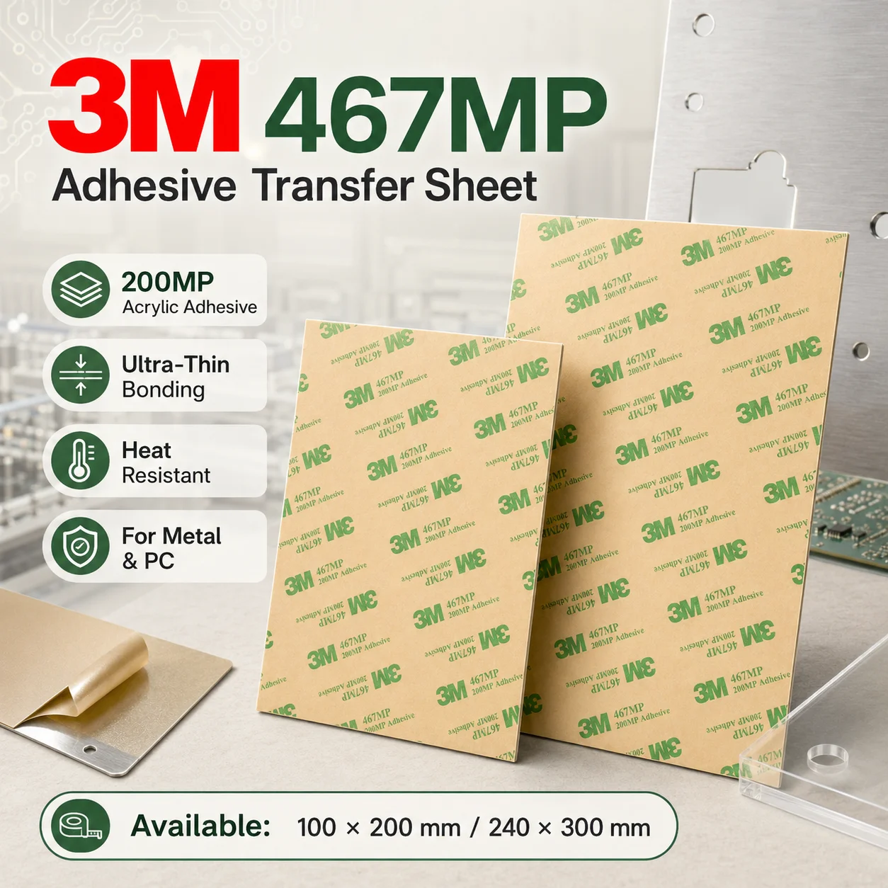 3M 467MP Adhesive Transfer Sheet 200MP Ultra Thin High Temp Double Sided Tape for Metal PC Acrylic Electronics 100x200/240x300mm