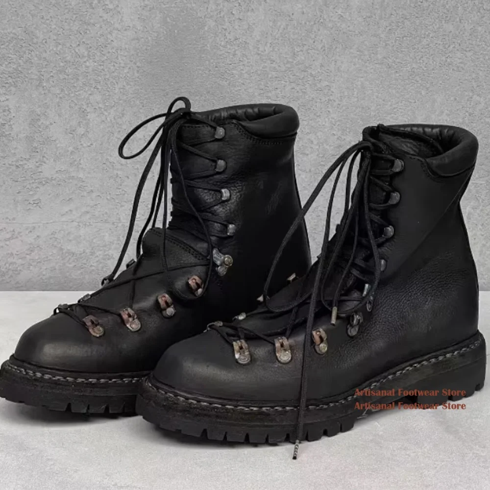 Metal Buckle Front Strap Ankle Boots for Men Round Toe Thick Soled Black Leather Casual Hiking Boots Trendy Handmade Men's Boots