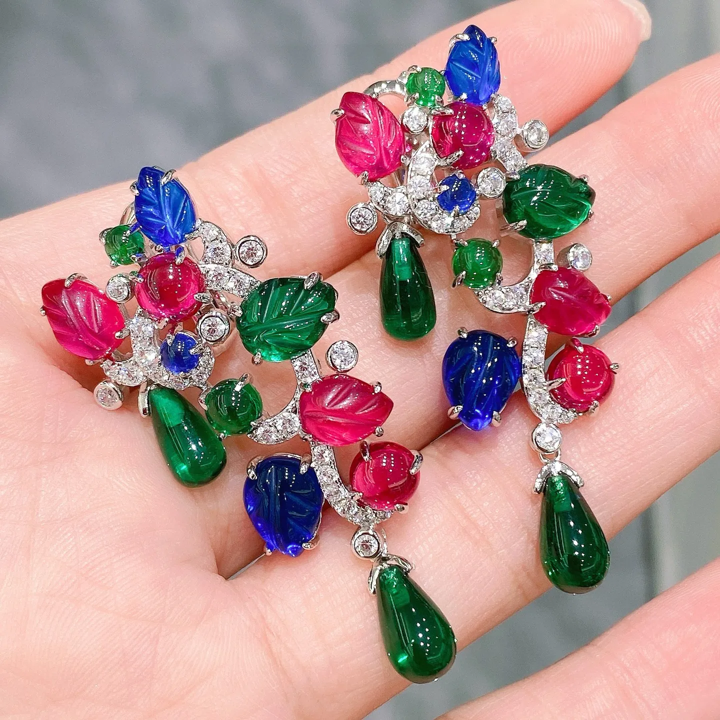 

KQDANCE Pure 925 Silver Blue Sapphire Carbon Diamond Green Leaf Red Corundum Gemstone Fruit Style WaterDrop Earrings For Women
