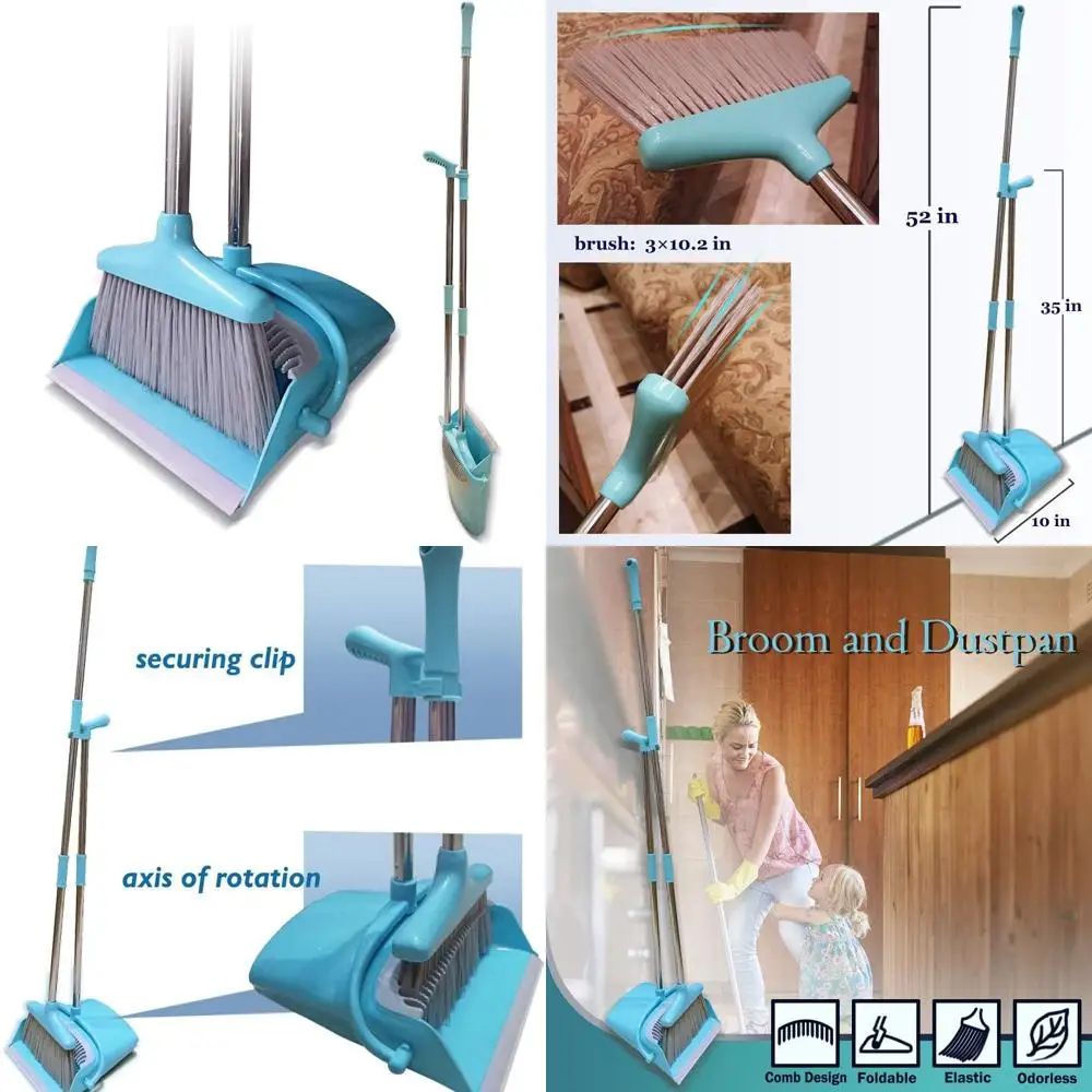 

Lightweight Blue Upright Broom and Dustpan Set for Indoor & Outdoor Use with Long Handle for Home, Kitchen, Office