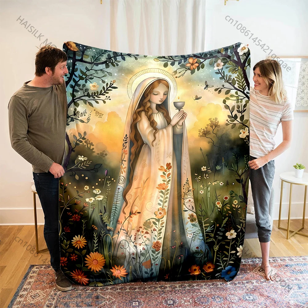 A saint holding the Holy Grail in the garden Print Blanket Warm Soft Fluffy Kids Adult Sofa Bed Throw Blanket Travel Camping RV