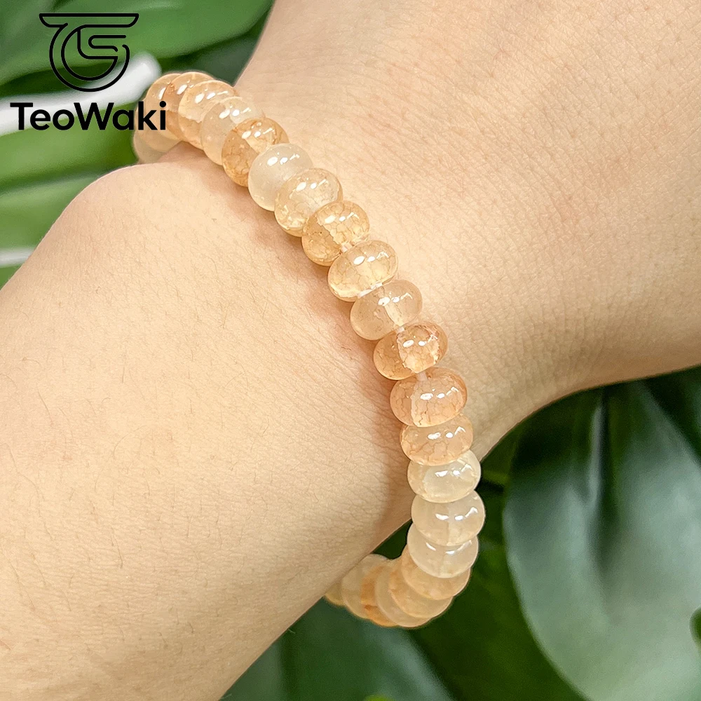 TeoWaki Natural Apricot color Crackle Crystal Stretch Bracelet Flat Oval Vein Bead Stackable Daily Jewelry Holiday Best Gift19cm