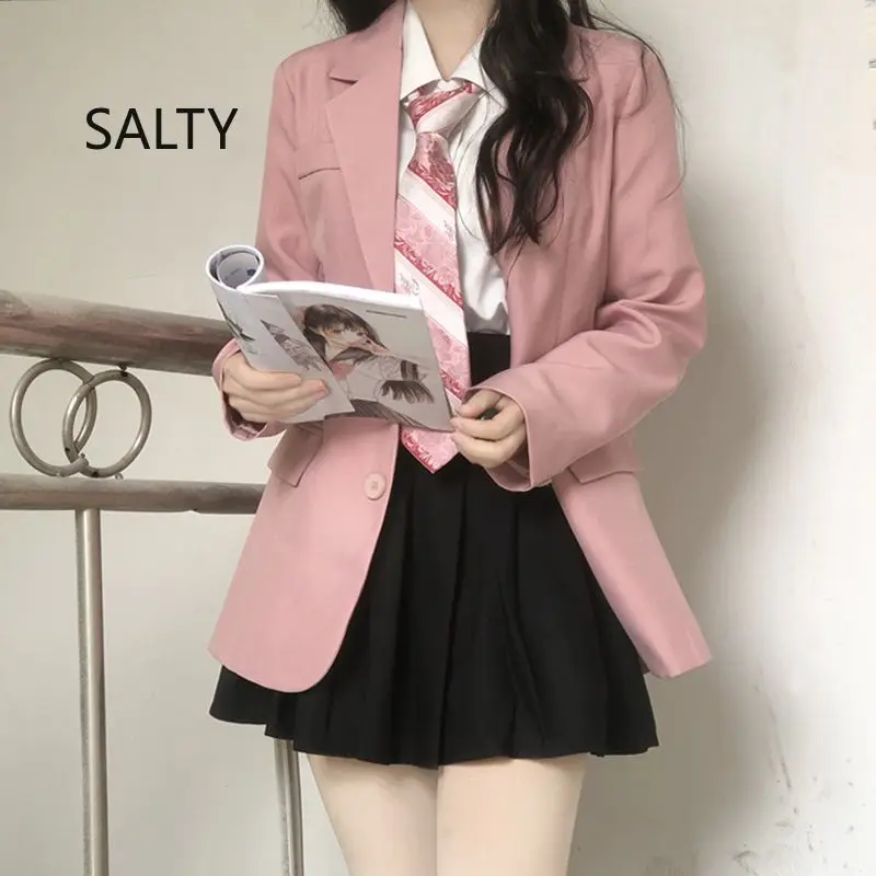 Nuevo 2025 Blazer rosa para mujer, chaqueta holgada coreana para estudiantes, Blazers elegantes lisos para oficina para mujer