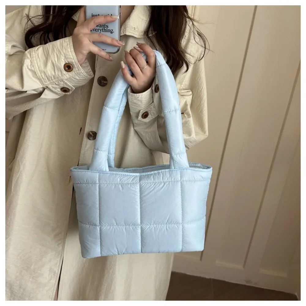 Fashion Cubic Grid Quilted Puffer Tote Bag Lightweight Cotton Solid Color Padded Handbag Large Capacity Shopping Bag Women view 3