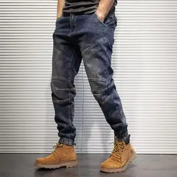 American Retro Jeans Men's High-end New Splicing Multi Pocket Motorcycle Denim Small Leg Pants Men's Leg Binding