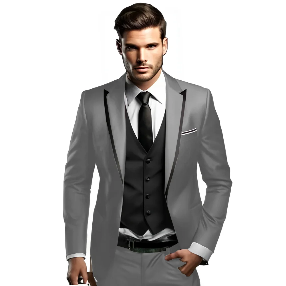 Brown Men\'s Suit 3-piece Black Vest Wedding Groom Tuxedo Formal Party Dress Slim Fit Blazer Pants Vest