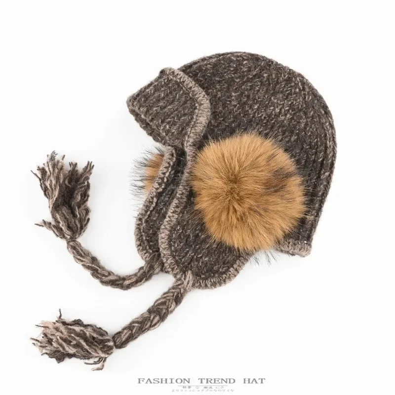 Women's Autumn Winter Thick Warm Knit Ski Hat Ear Cover Pilot Beanie