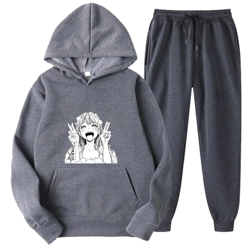 طقم هوديي سويت شيرت وسروال مطبوع عليه فتاة الرسوم المتحركة الرمادية للارتداء الكاجوال والحفلات التنكرية #1