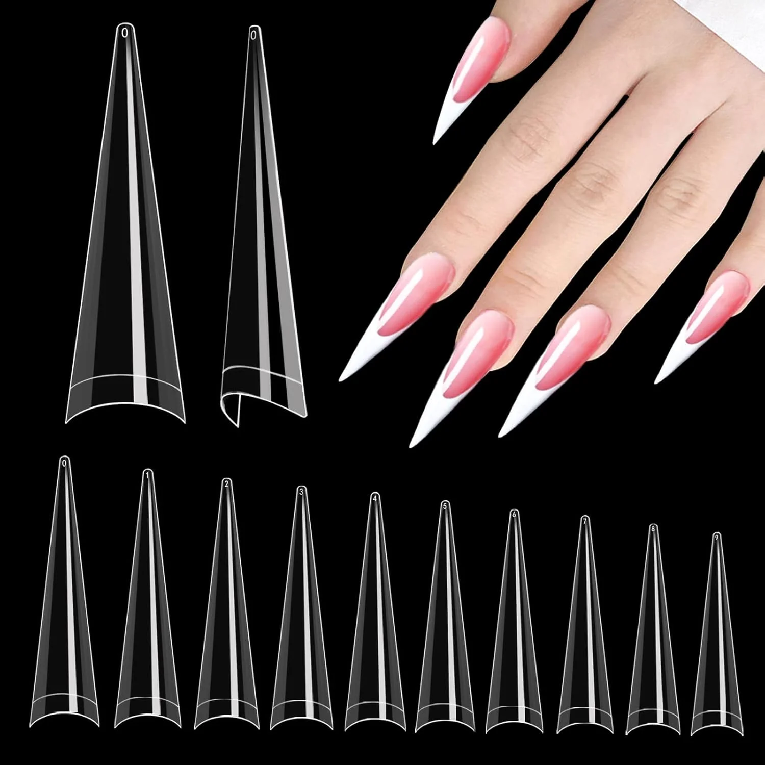 20/100/200/400/1000pcs XL Stiletto Nail Tips Half Cover False Nails Tips for Nail Salon and Home DIY 10 Sizes