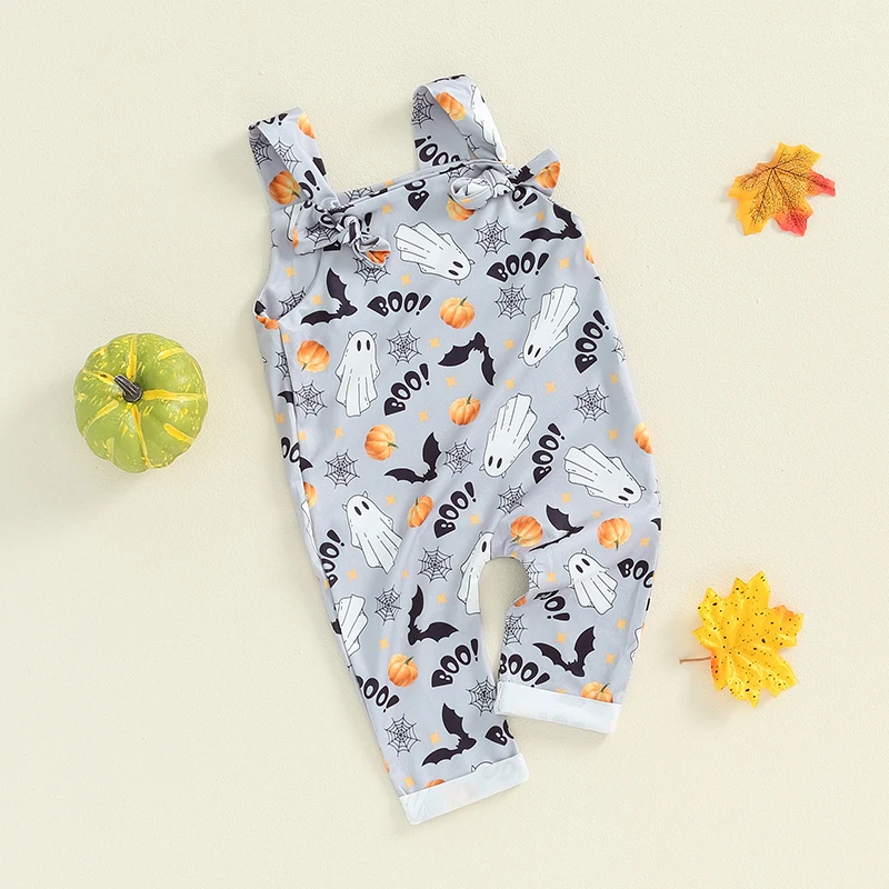 2024-06-04 Lioraitiin Baby Halloween Overalls Romper Ghost Cobweb Print Sleeveless Square Neck Hemming Legs Jumpsuits