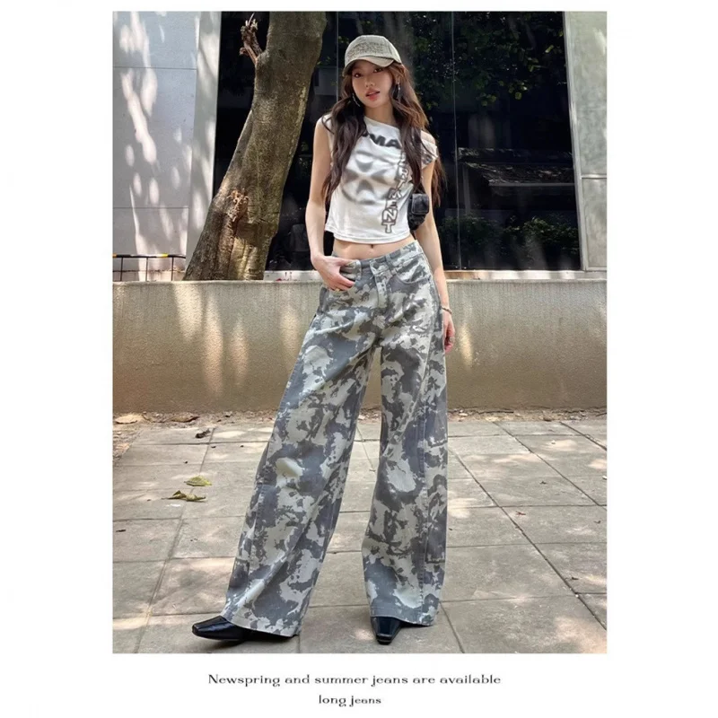 

American Street Wide Leg Camouflage Jeans Women Loose Slimming Sense of Design Machete Casual Mopping Pants Women's Length