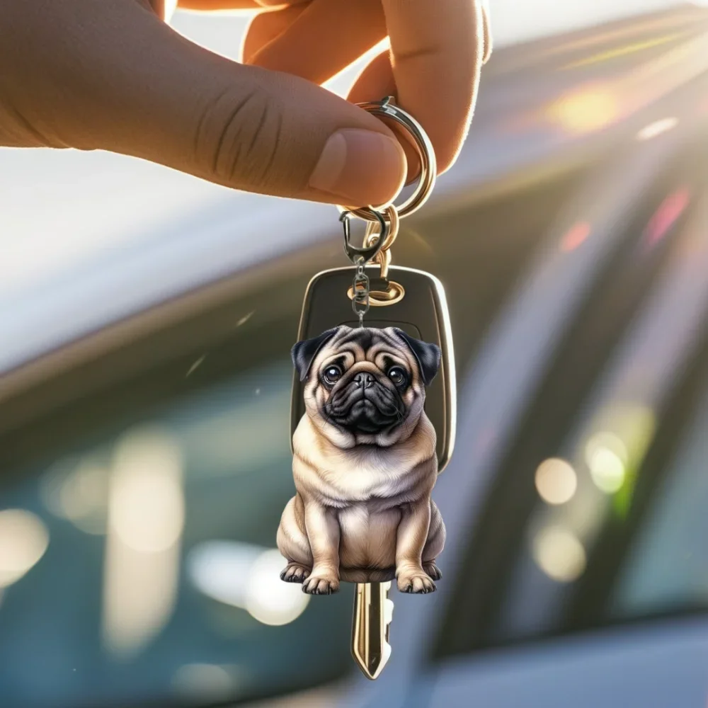 Elegante portachiavi con ciondolo per cani carlino sit, simpatico cucciolo di animale domestico piatto con ciondolo in acrilico 2D, per specchio per auto, zaino, festivo, regalo e arredamento