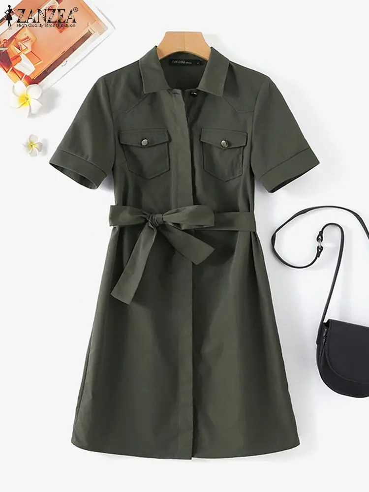 2024 ZANZEA Fashion Elegant Lapel Neck Short Sleeve Cargo Dresses Summer Shirt Dress Women Club Sundress Robe Femme Work Vestido