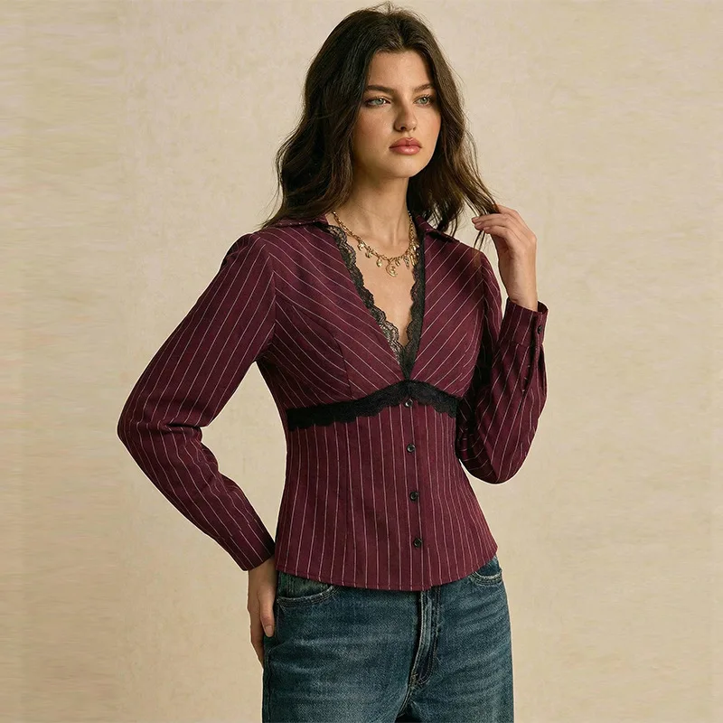 Camicetta da Donna Nuova a Righe, Slim Fit, con Pizzo, Maniche Lunghe, Scollo a V, Elegante, Comoda, Casual, Snellente e Versatile