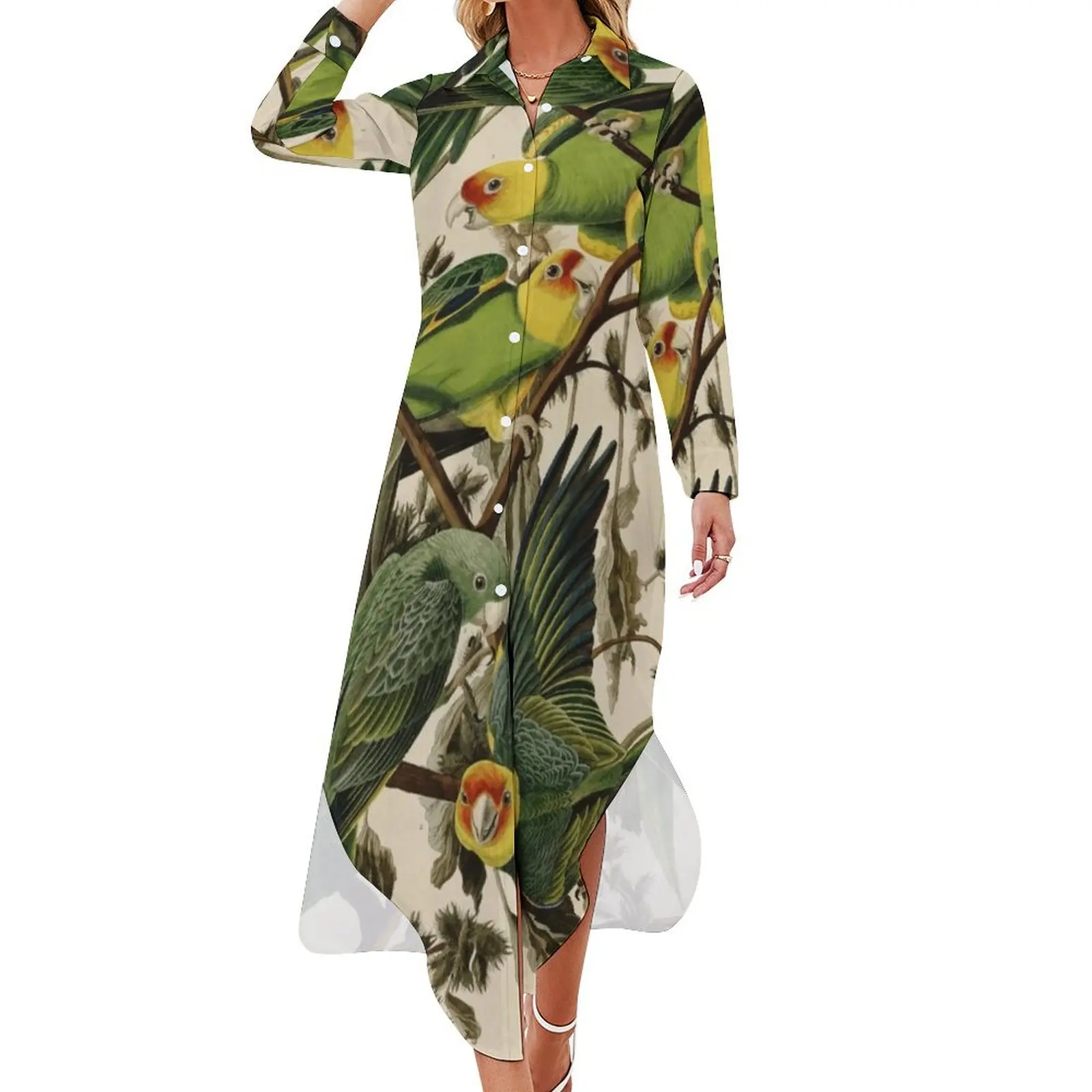 

Vintage Parrot Illustration Long Sleeved Shirt Dress women evening dress Woman clothing