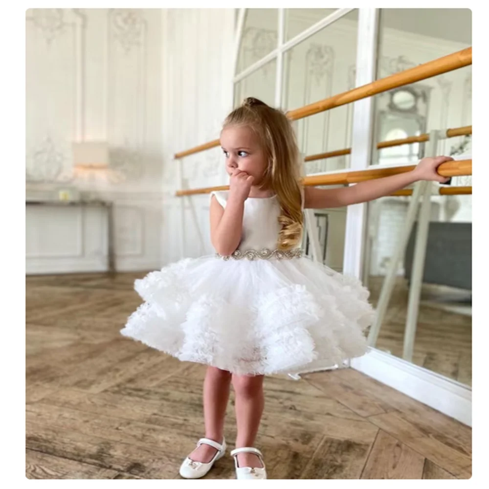 Baptism Flower Girl DressesWhite Cute with Crystal Belt First Communion Birthday Wedding Pageant Gown Robe De Demoiselle Baby