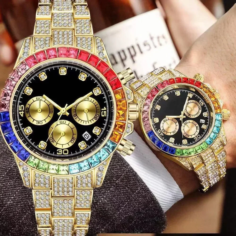 

Fake Three Eyes Quartz Watches Business Fashion Inlaid Diamond Alloy Luxury Colorful Wristwatches Calendar Watch Gift Unisex