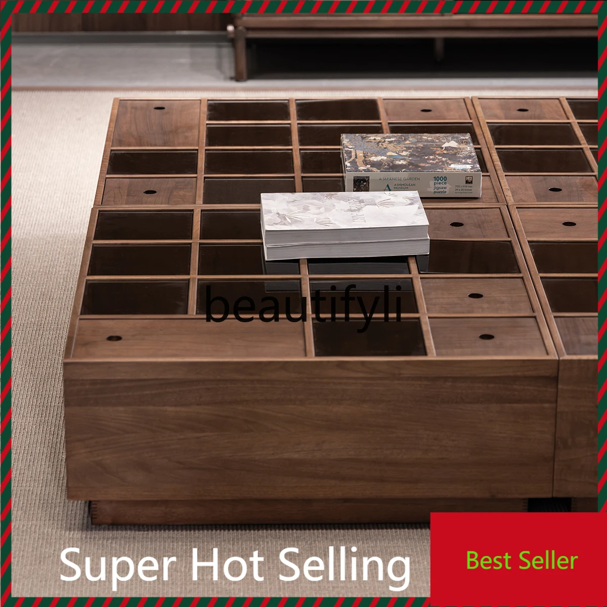 

North American black walnut with tempered glass storage compartment, large flat designer original coffee table G1218