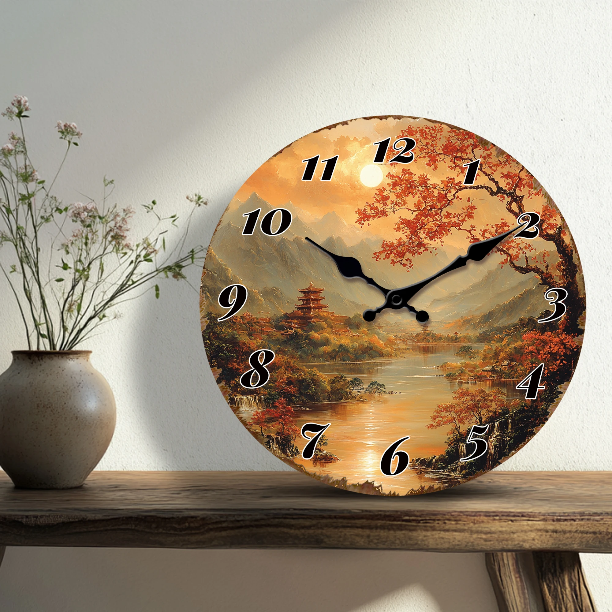 Traditional Asian Landscape with Pagoda and River Wall Clock, Tranquil Oriental Decor for Meditation Room