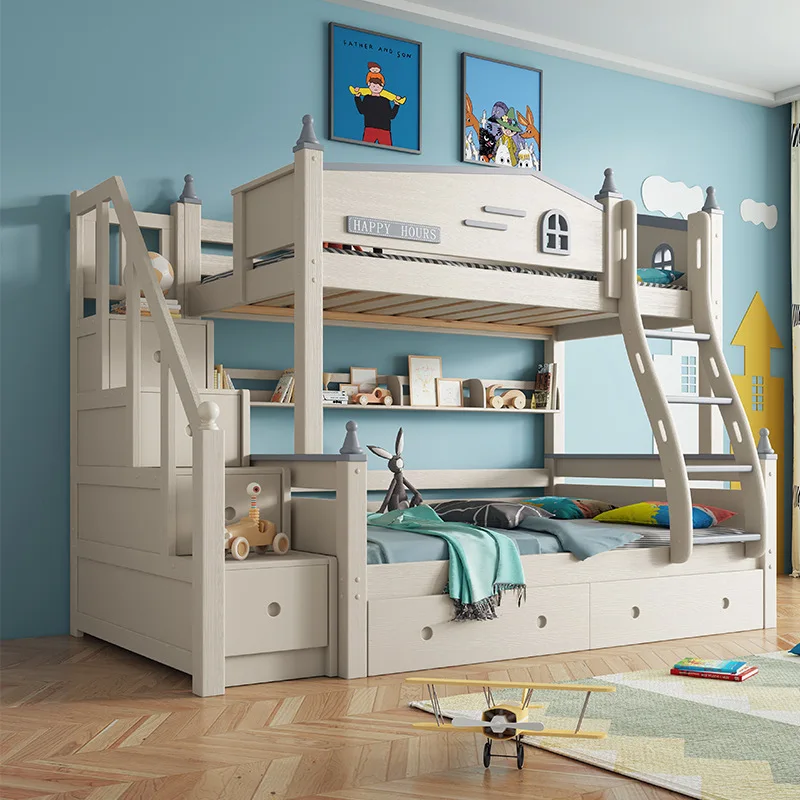 Solid wood bunk two floors high and low bed stairs with bookshelf storage multi-functional children's bed