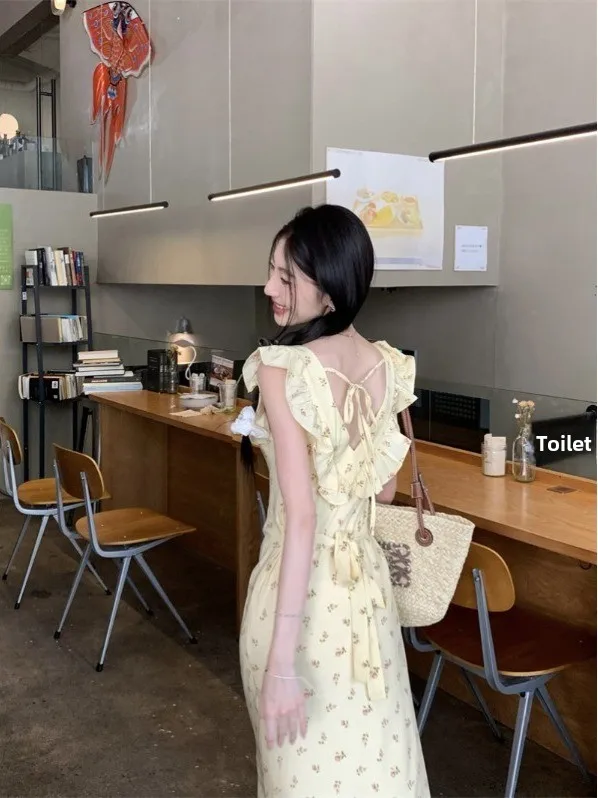 Maxi Dr Summer Vaion con estampado floral amarillo, vestido informal de Svel para mujer, falda ligera y transpirable de fibra de poliéster