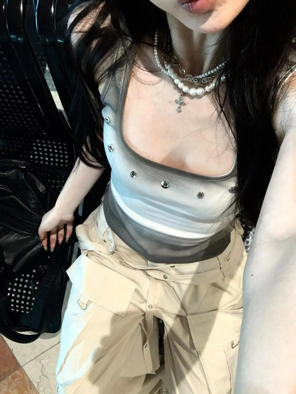 Tank Tops Gradual Change Hollow Garnet Red  Y2k Vintage Skinny Crop Tops Streetwear American Retro Sleeveless Tops