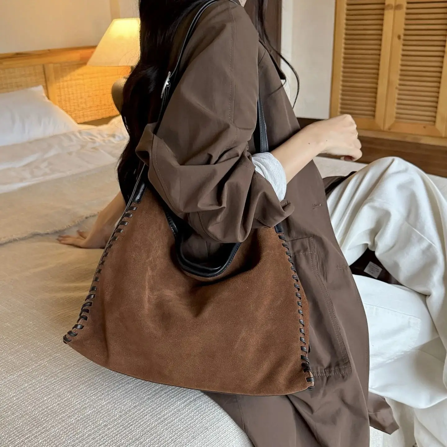 2026 Luxury Hit-color Hand-knitting Edge Long-handle Women Tote Kakhi Real Matte Suede Handbag Cow Leather Female Shoulder Bag