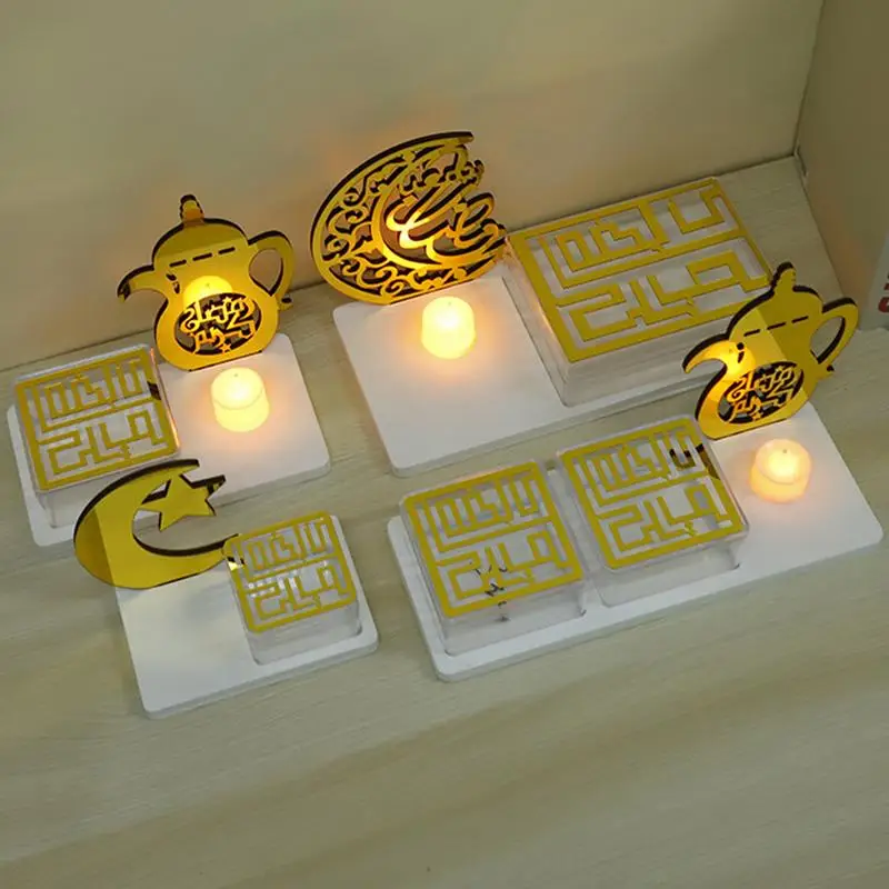 Golden Eid Acrylic Moon Acrylic Tray Candlestick Decoration Ornament Supply Ramadan Kareem 2024 Eid Gift