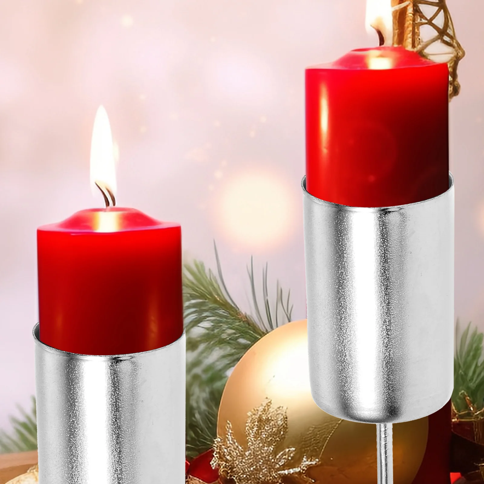 5 Pcs Candlestick Base Cup Cylinder Insert Christmas Decor with Spike Metal Holder