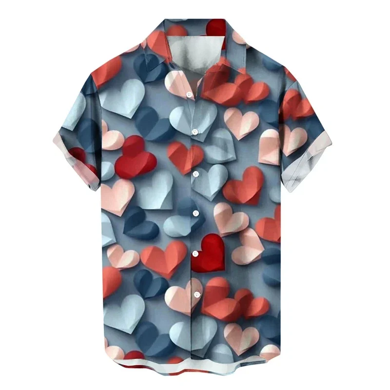 

3D Print Loving Heart Hawaiian Shirt Men Flower Pattern Aloha Shirts Vacation Button Short Sleeve Lapel Tops Breathable Blouse