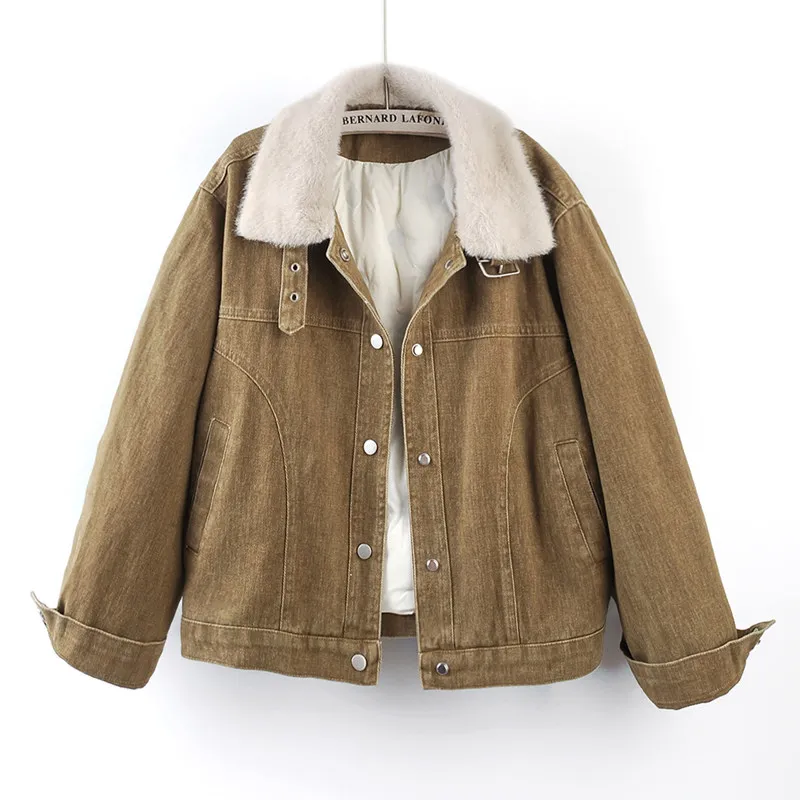 2026 Winter New Korean Thick Warm Down Liner Denim Coat Women Loose Casual Lapel Long Sleeve Jeans Jacket Coat Casaco Feminino