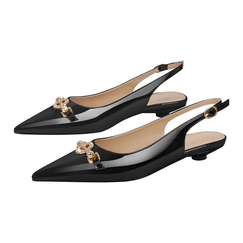 Onlymake Women Pointed Toe Black Patent Leather Round Heel Slingback Flats Strap Retro Elegant Plus Size Daily Shoes