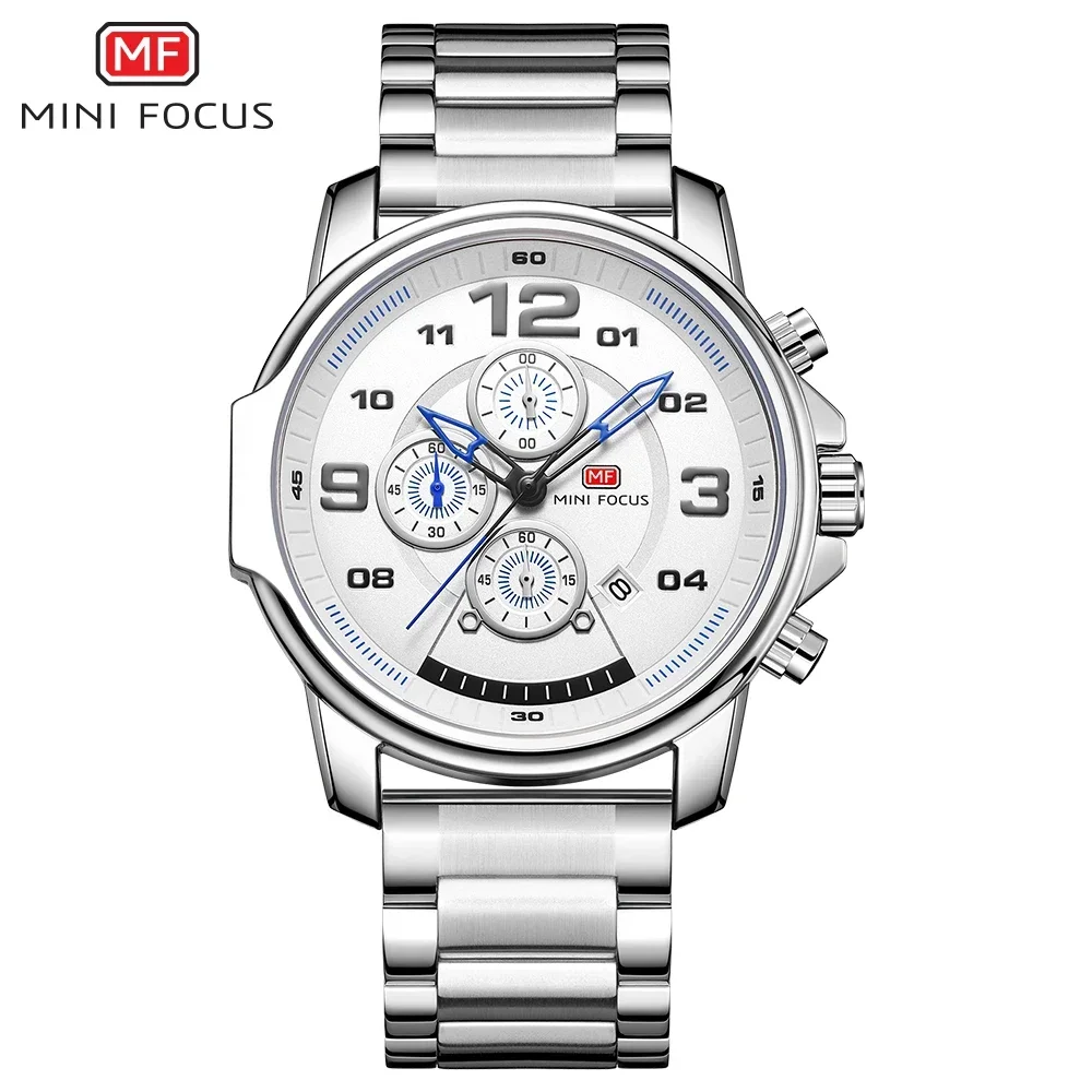 MINI FOCUS Luxury Business Silver Stainless Steel Men\'s Quartz Watch Chronograph Sport Wristwatch Mens Fashion Men Watches 0229G