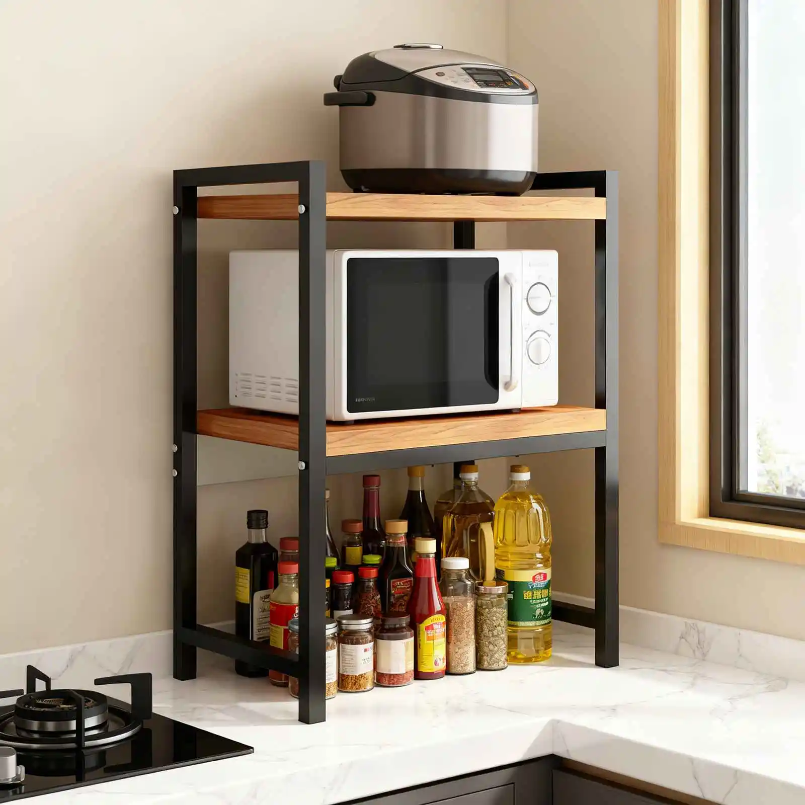 Griglia a due livelli per microonde con struttura in acciaio rinforzato, adatta per cucina/ufficio. Dimensioni: 51x34x68 cm.