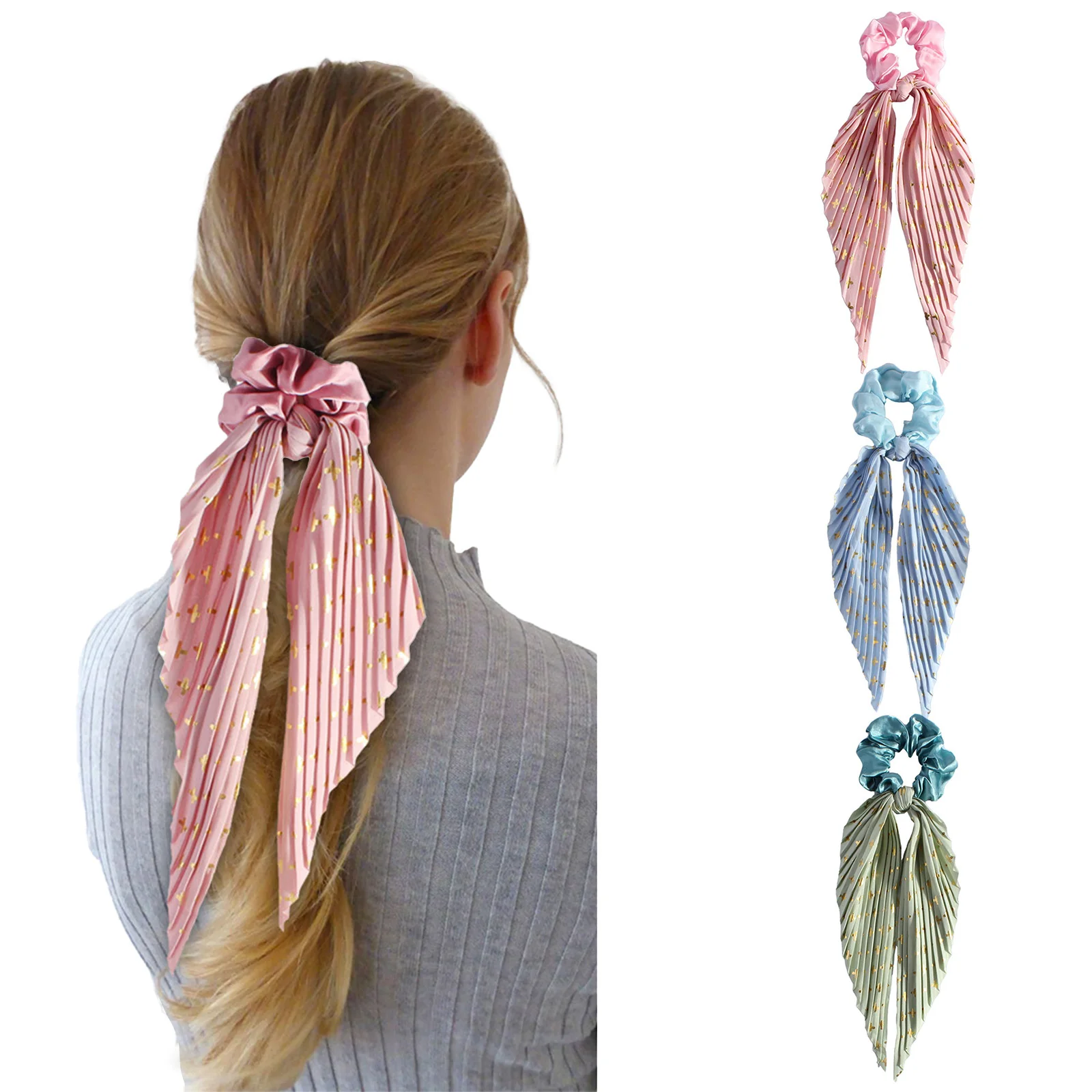 3 قطع من أغطية الرأس ذات القوس المطوي العتيق مع طباعة نجوم ذهبية 3 ألوان ربطة شعر على شكل ذيل حصان للنساء والفتيات #2