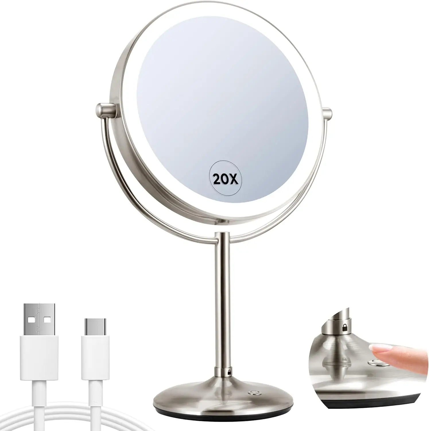 

9" Lighted Makeup Mirror, 1X/20X Magnifying with 3 Color Dimmable Lights, Rechargeable, Tabletop