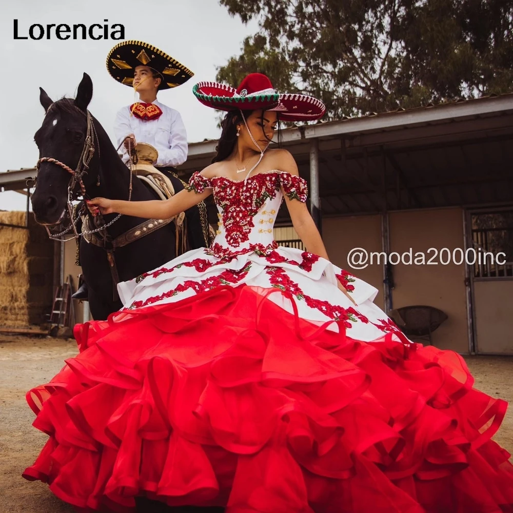 

Lorencia 2025 Charro белое красное платье Quinceanera бальное платье с цветочной вышивкой строгие платья 16 лет YD23