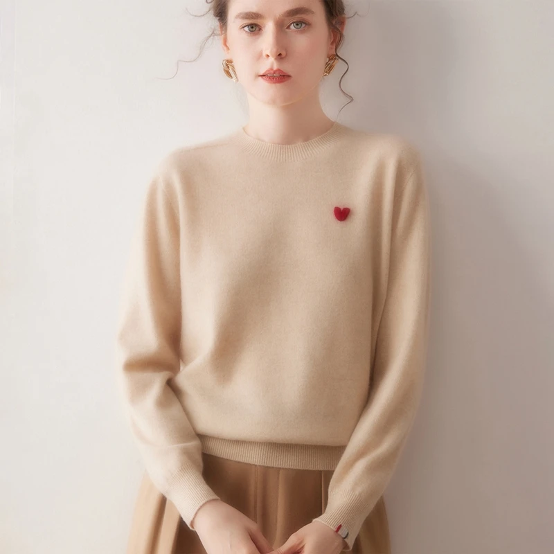 

Autumn/Winter Women's 100% Cashmere Sweater Casual Solid Color Round Neck Hoodie Knitted Tops Loose Embroidered Love Jumper